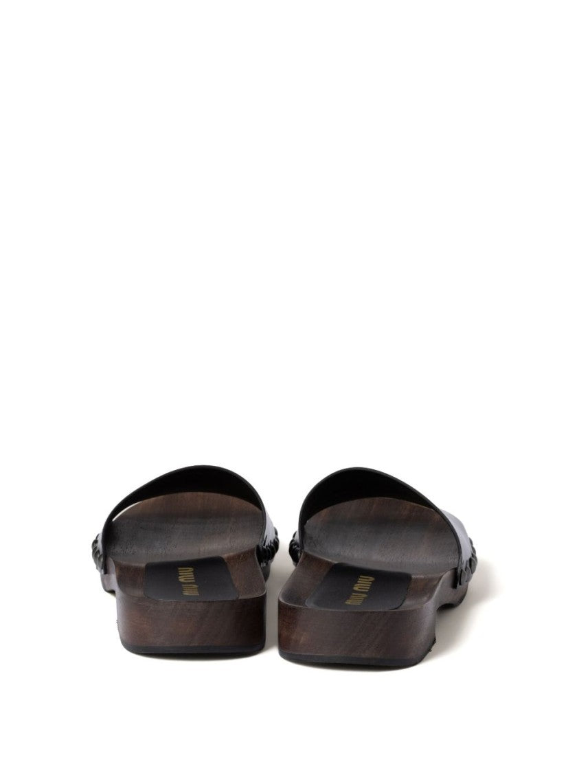 Miu Miu Open-Toe Black Leather Sandals With Glossy Upper And Wooden Sole