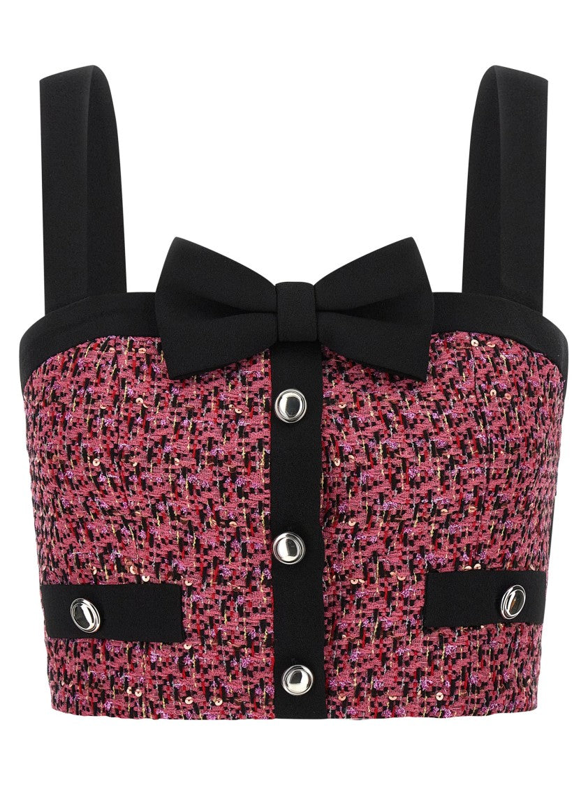 Alessandra Rich Wool Blend Tweed Top With Micro-Sequin Embroidery And Bow Detail