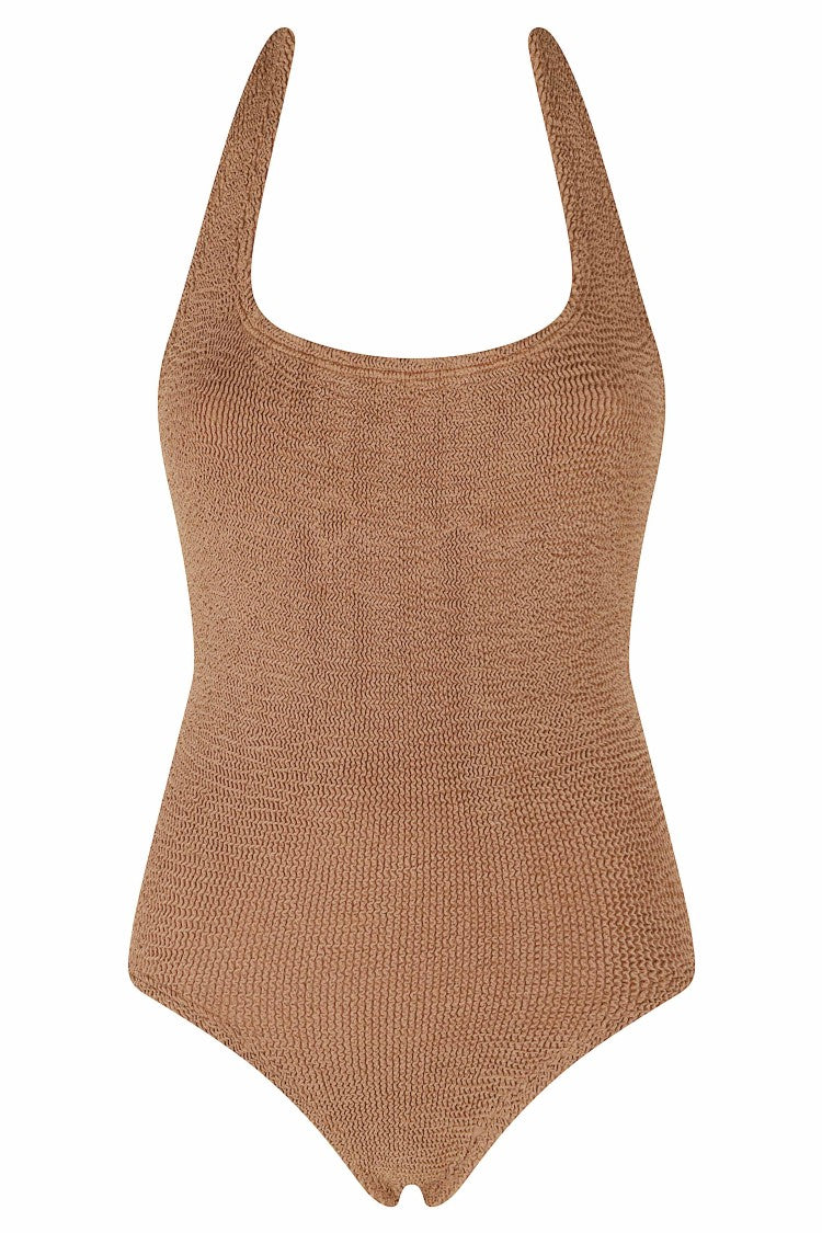 Hunza G Brown Sandy Round Neck Heat-Sealed Seams Polyamide Swimsuit