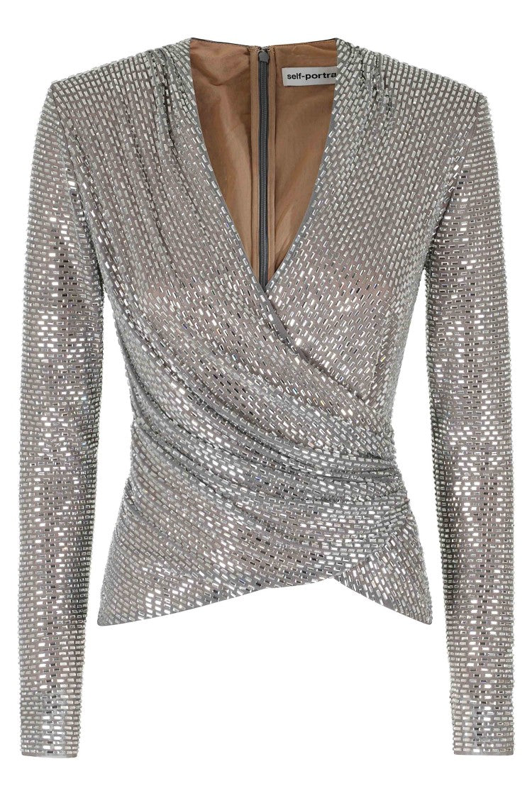 Self-Portrait Gray Rhinestone Mesh V-Neck Wrap Top