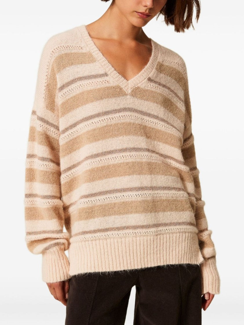 Twin-Set Fuzzy Striped Knit Sweater With V-Neckline