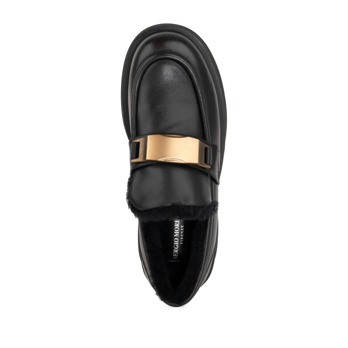 Sergio Moretti Black Fur-Lined Metallic Buckle Chunky Sole Leather Loafers