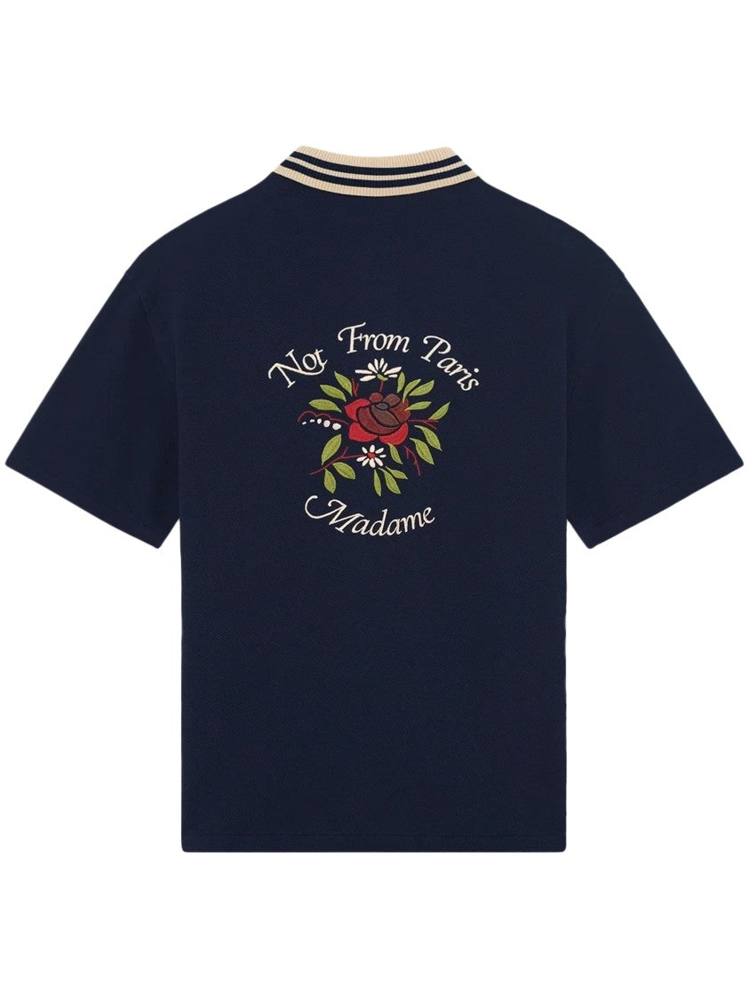 Drôle De Monsieur Short-Sleeved Navy Pique Shirt With Contrasting Beige Collar