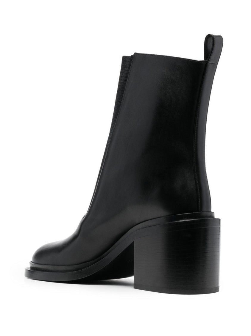 Jil Sander Mid-Height Block Heel Black Ankle Boot With Stretch Panel