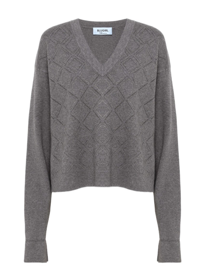 Blugirl V-Neck Grey Sweater With Subtle Diamond Pattern