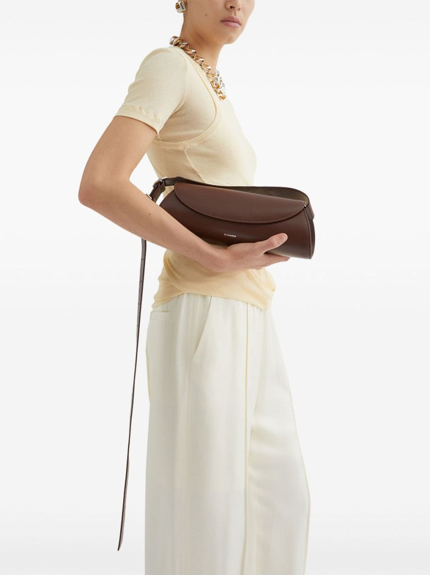 Jil Sander Curved Flap Brown Calf Leather Shoulder Bag