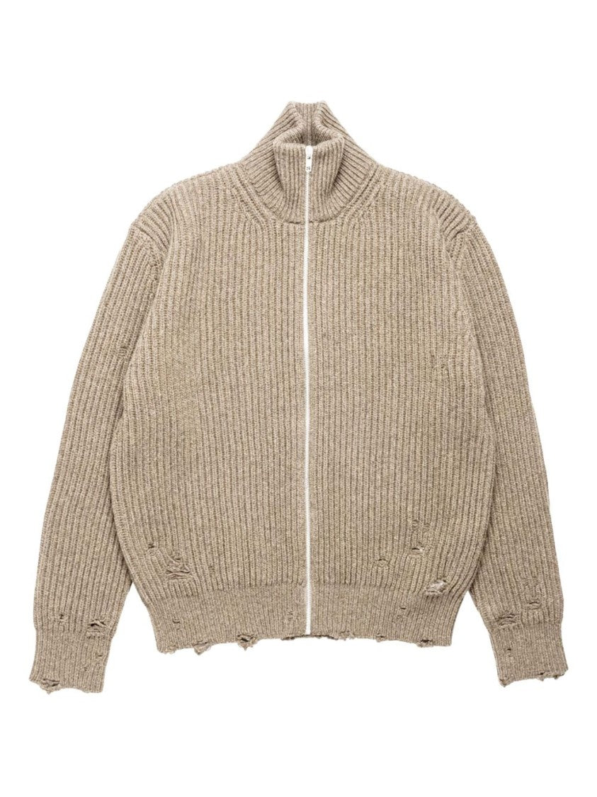 Mm6 By Maison Margiela Beige Ribbed Knit Jacket With Distressed Details