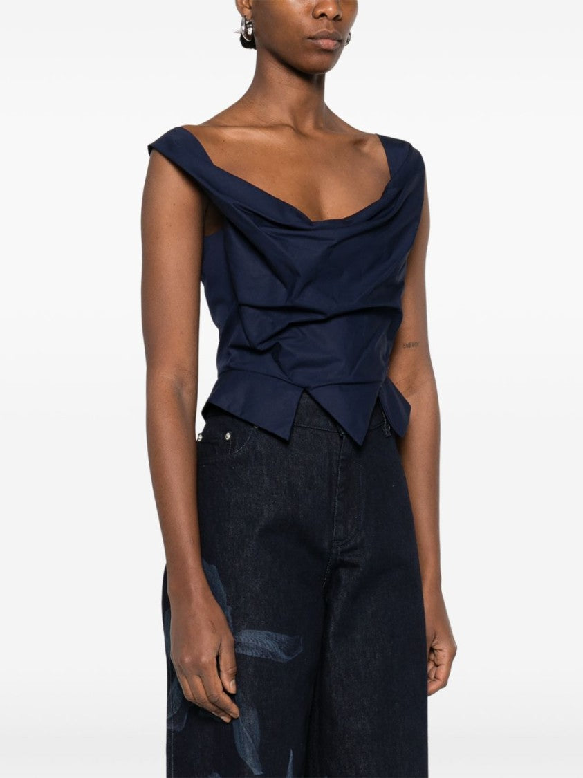 Vivienne Westwood Sleeveless Blue Top With Draped Cowl Neckline And Pointed Hem