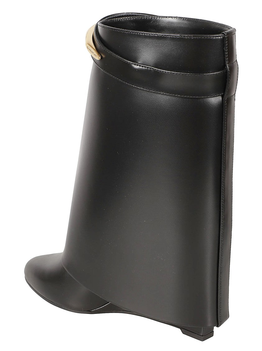Givenchy Pointed Toe Black Calf Leather Boots With Flared Wedge Heel