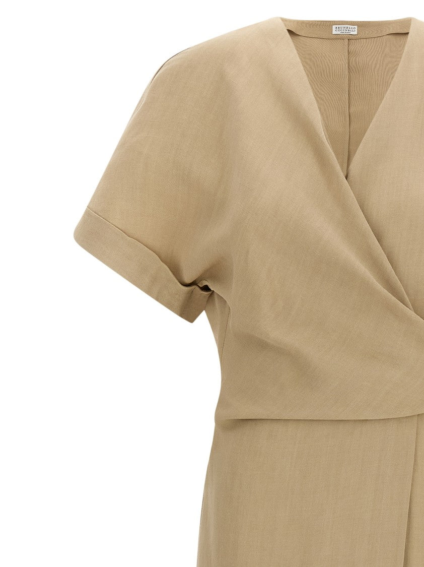Brunello Cucinelli Viscose And Linen Wrap Midi Dress