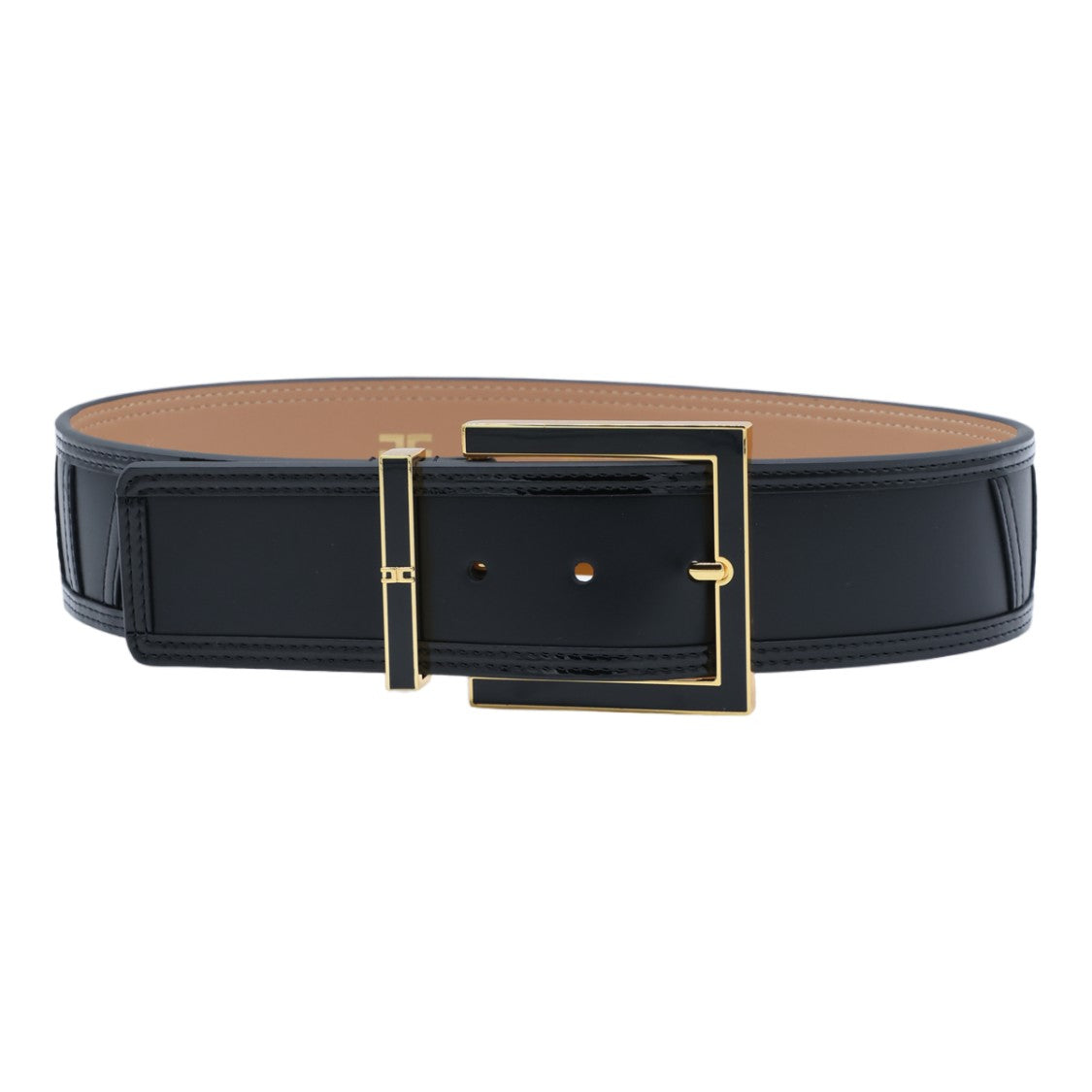 Elisabetta Franchi Wide Black Belt With Square Gold Buckle And Vertical Stitching