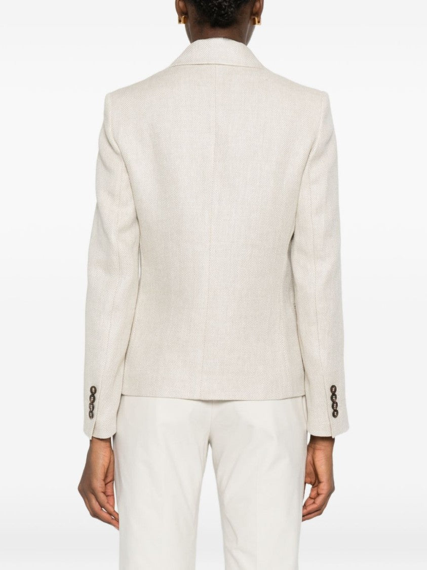 Brunello Cucinelli Beige Herringbone Double-Breasted Blazer