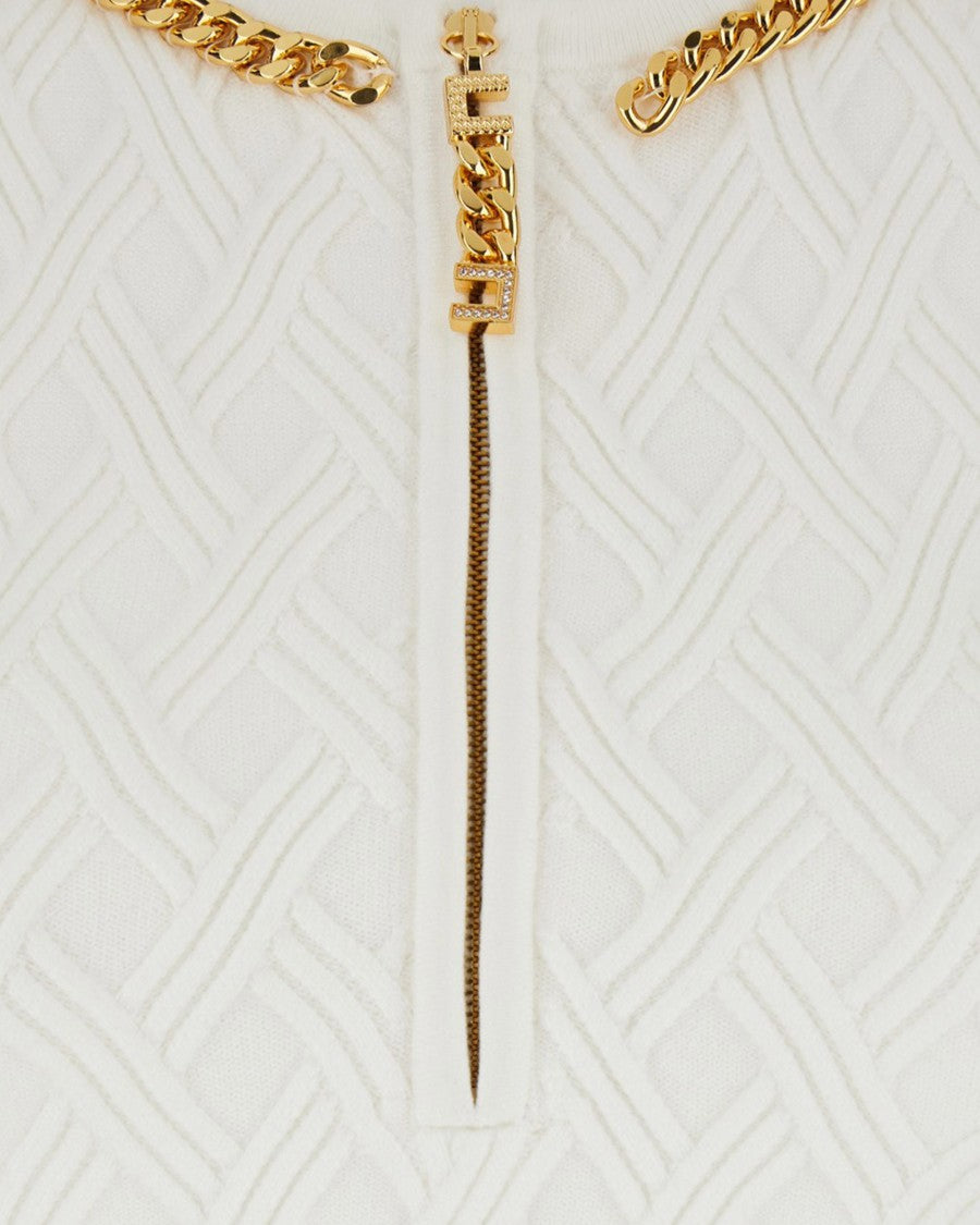 Elisabetta Franchi Ivory Diamond Knit Mini Dress With Jewel Detail