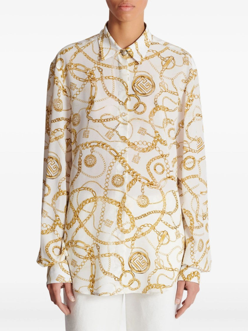 Balmain White Ls Shirt Chain Print Silk Shirt