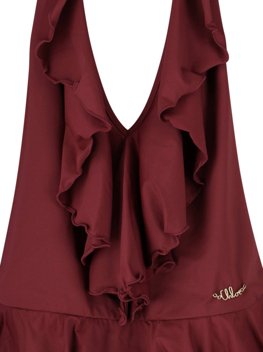 Chloé Ruffled Burgundy One-Piece Swimsuit