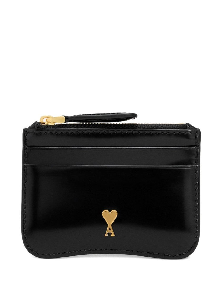 Ami Paris Black Glazed Finish Zip Top Wallet
