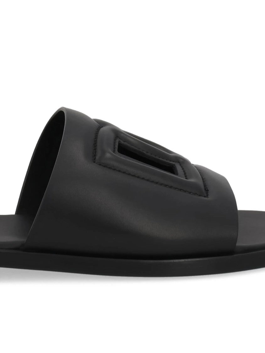Dolce & Gabbana Black Leather Wide Strap Slide Sandals