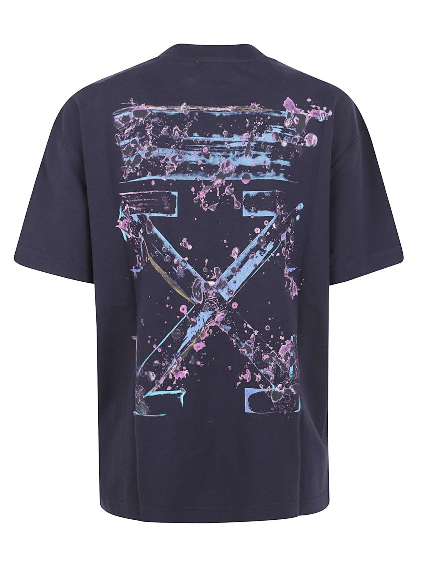 Off-White Navy Cotton T-Shirt With Abstract Paint Splatter Design