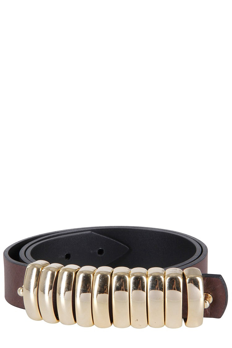 Federica Tosi Brown And Gold Bold Adjustable Metal Rings Leather Belt