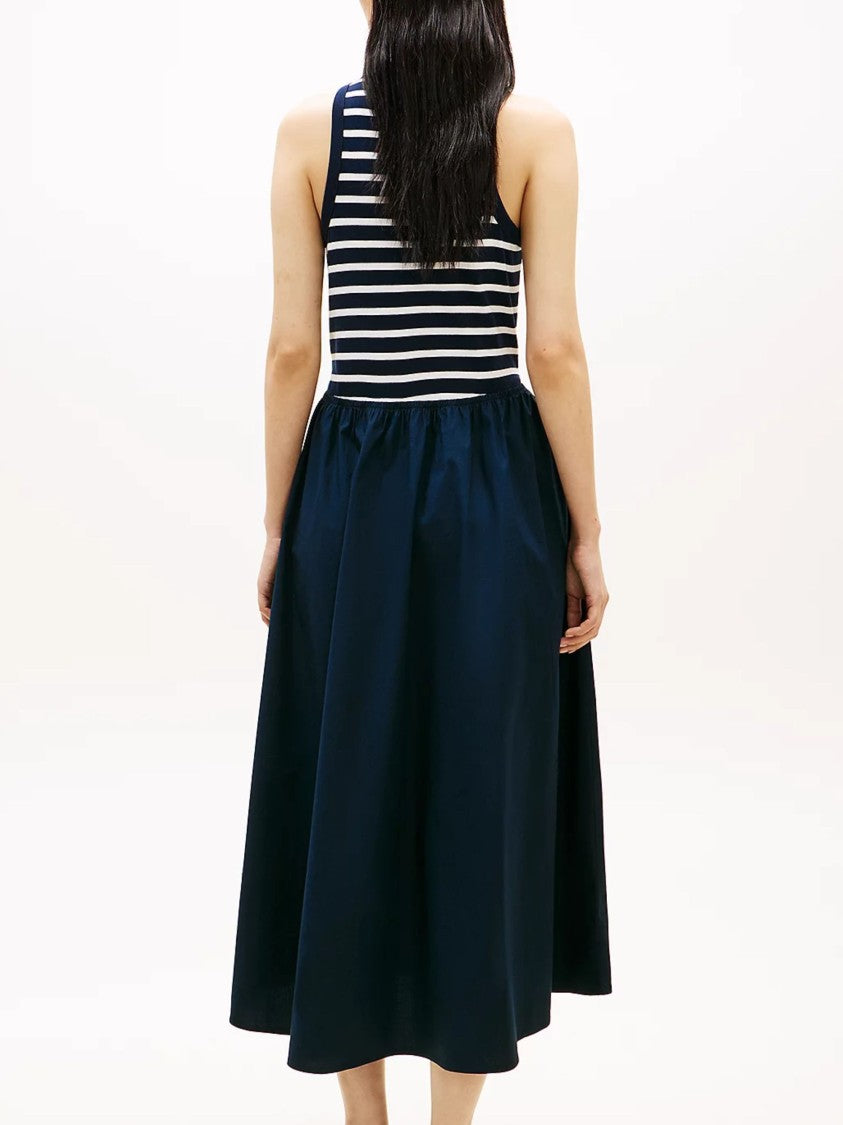 Tommy Hilfiger Striped Bodice Gold Button Midi Dress
