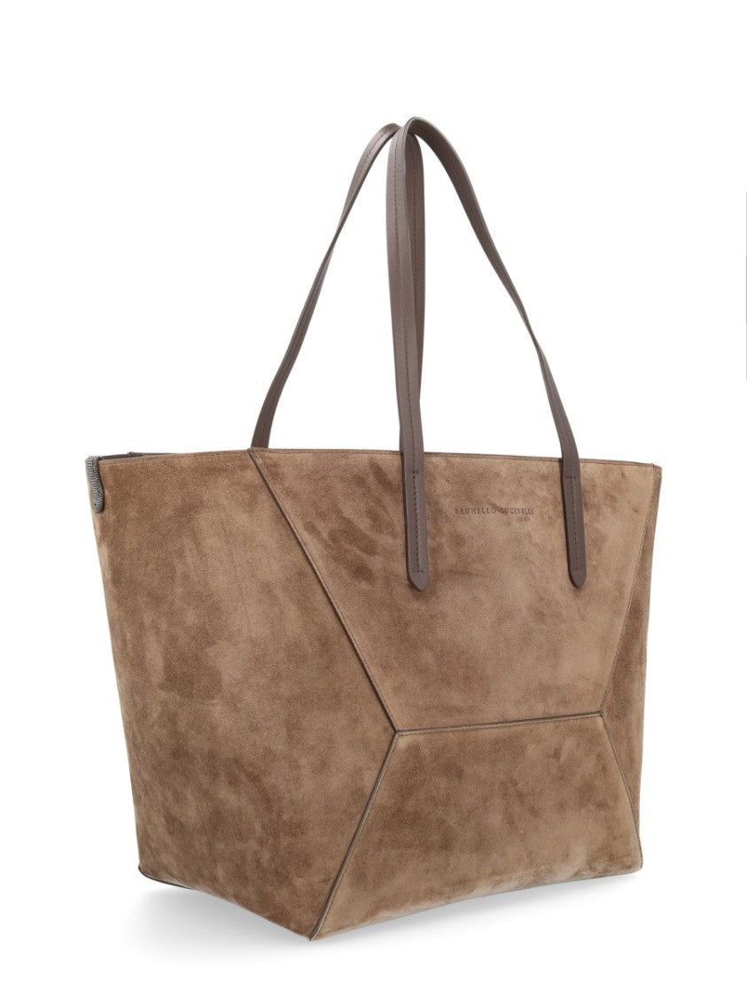Brunello Cucinelli Brown Panel-Design Calf Leather Tote Bag