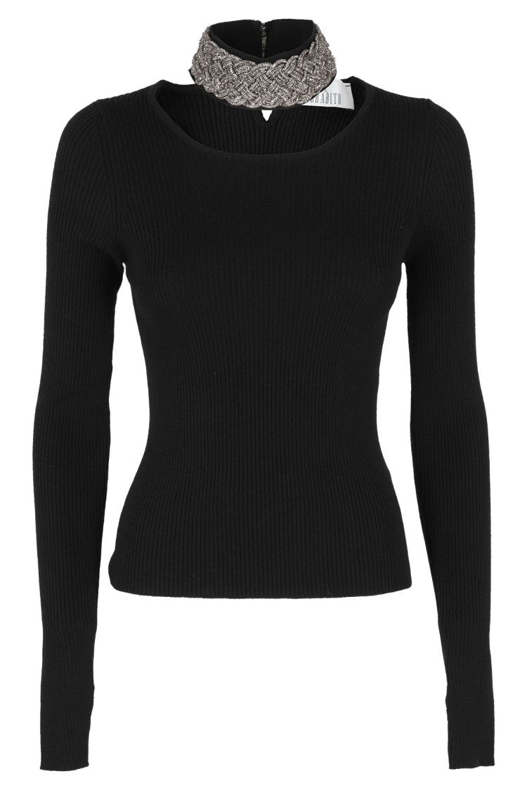 Giuseppe Di Morabito Fitted Black Merino Wool Knit Crystal Top