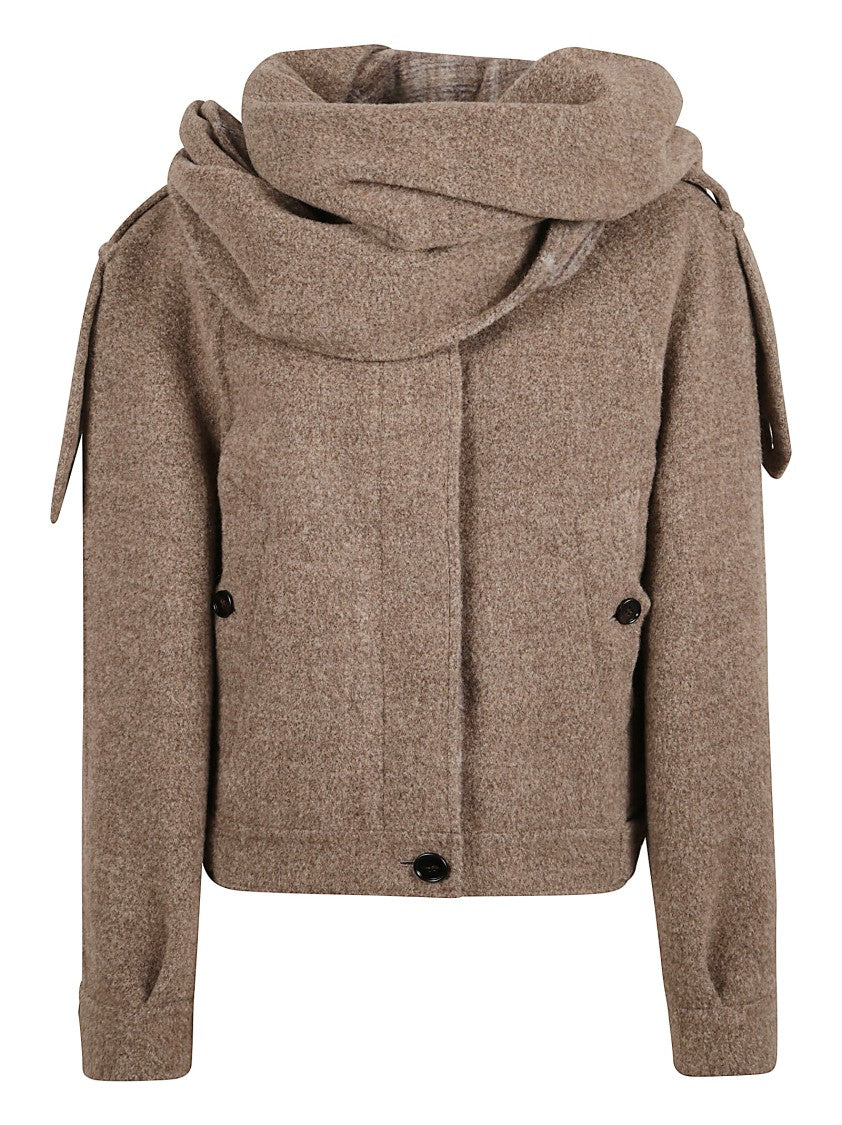 Burberry Structured Wool Blend Jacket With Detachable Scarf