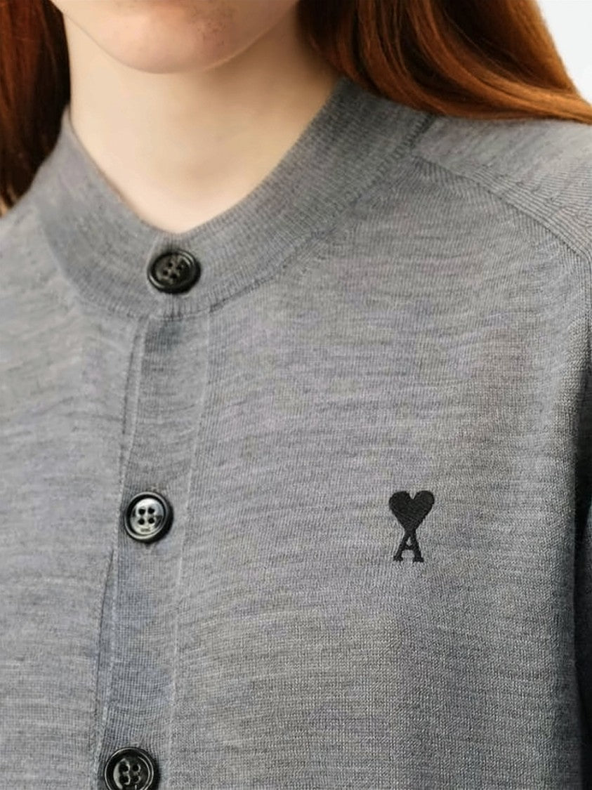 Ami Paris Crew Neck Wool Cardigan With Ribbed Details
