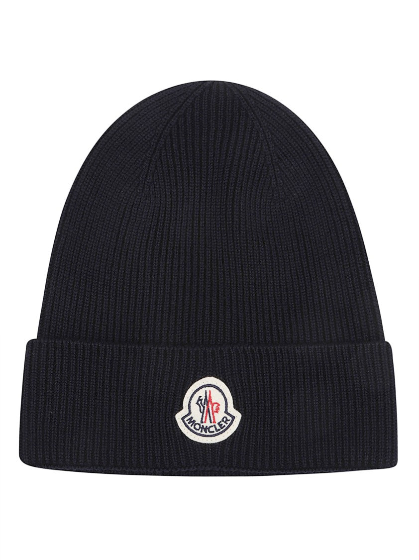 Moncler Virgin Wool Ribbed Knit Logo Beanie
