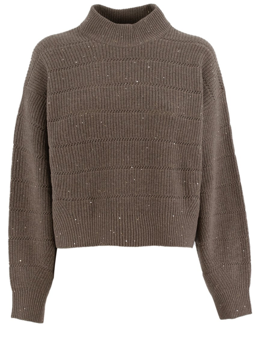 Brunello Cucinelli Cropped Turtleneck Sweater With Ribbed Knit