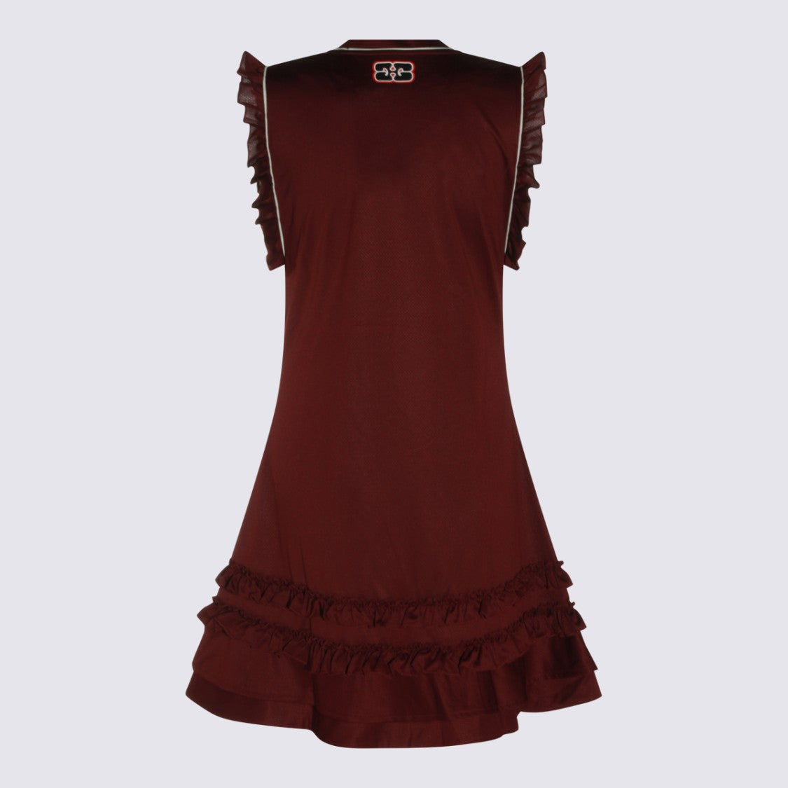 Ganni Deep V-Neck Dress With Ruffled Trim And Bold Graphics