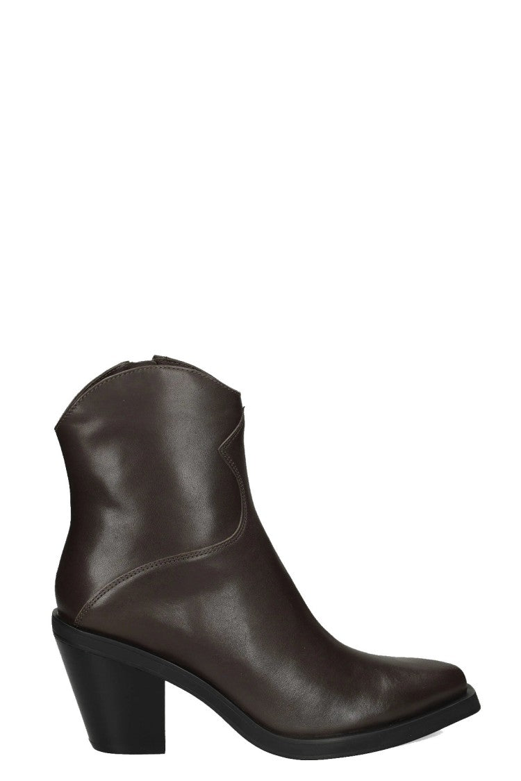 Ash Brown Western Stacked Block Heel Leather Ankle Boots