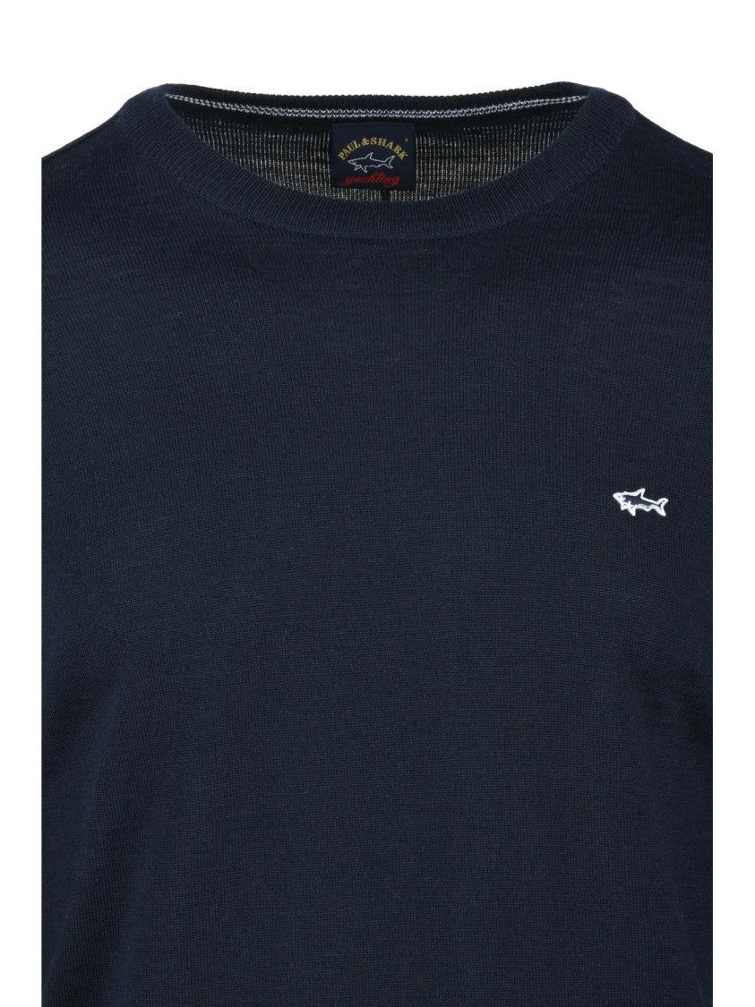Paul & Shark Crew Neck Sweater In Deep Navy With Embroidered Logo