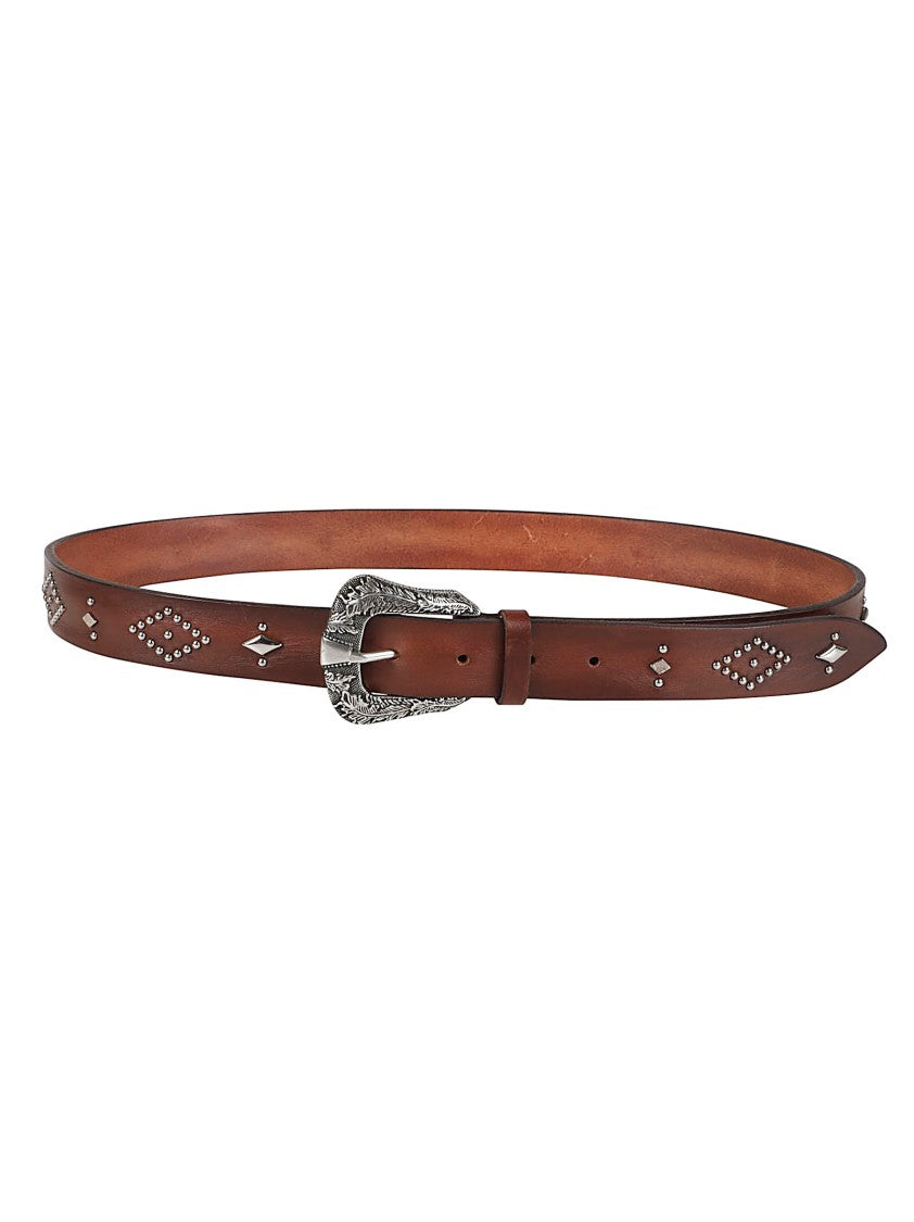 Orciani Antique Slim Brown Calf Leather Ornate Buckle Belt