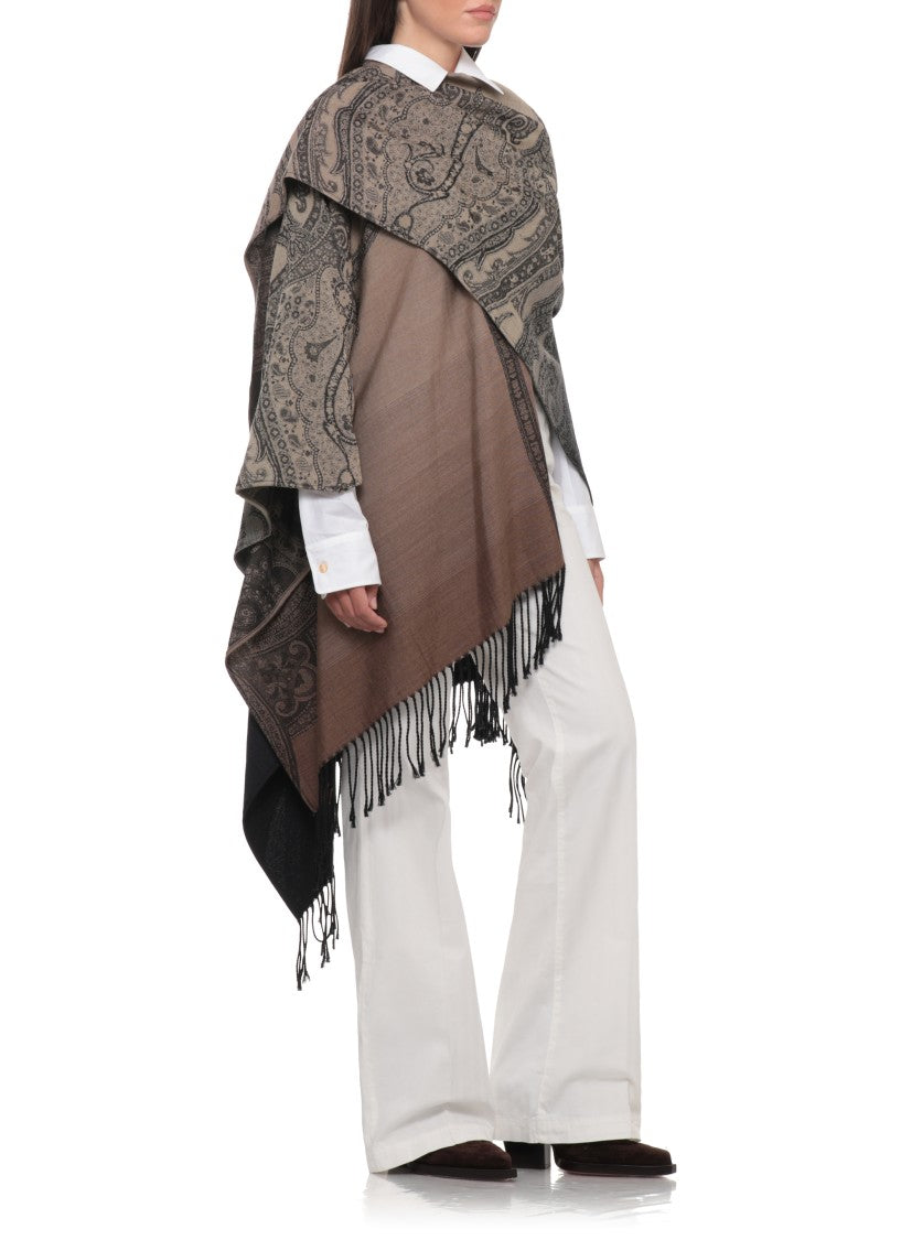 Etro Beige Wool Cape With Intricate Black Patterns