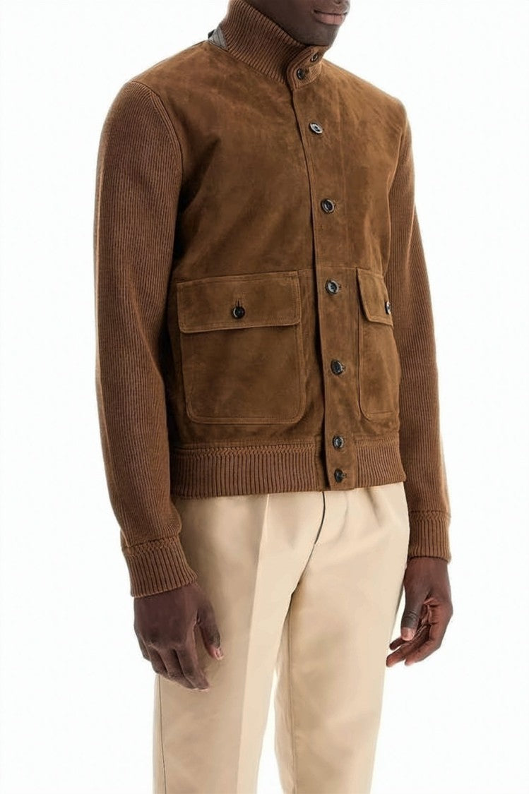 Tom Ford Brown Lambskin And Wool Casual Jacket With Ribbed Details