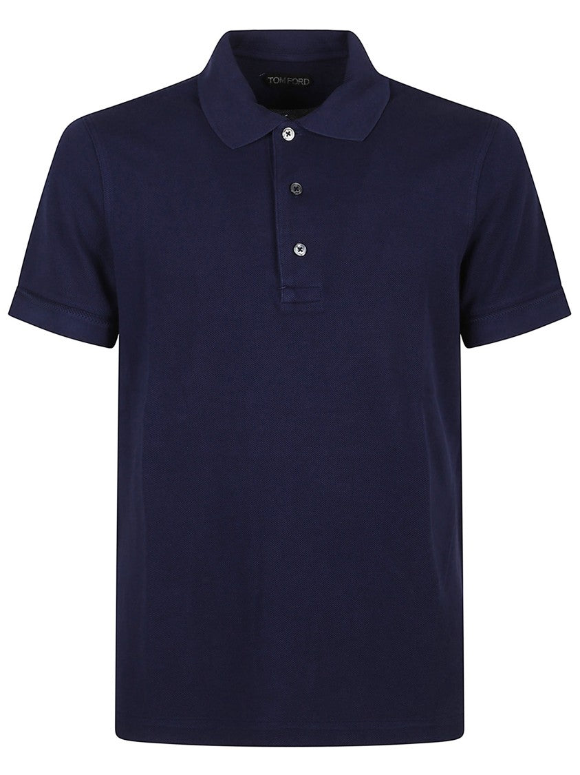 Tom Ford Textured Finish Navy Polo With Front Button Placket