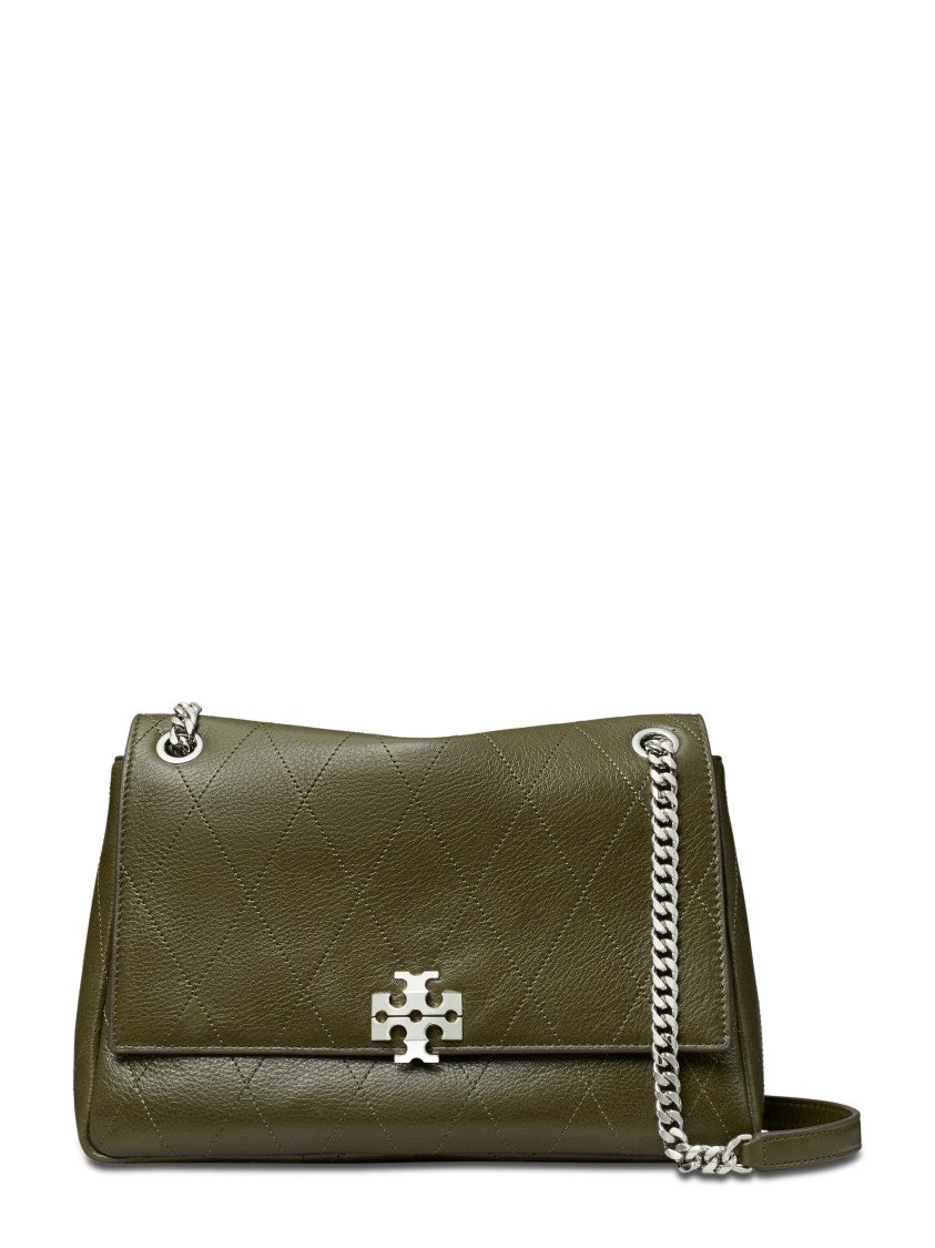 Tory Burch Charlie Quilted Metallic Emblem Green Leather Shoulder Bag
