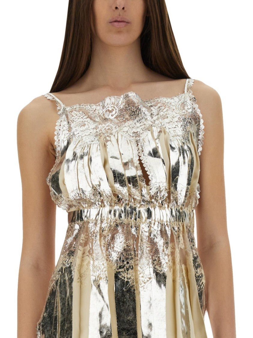 Rabanne Laminated Pleated Satin Top With Lace Detail