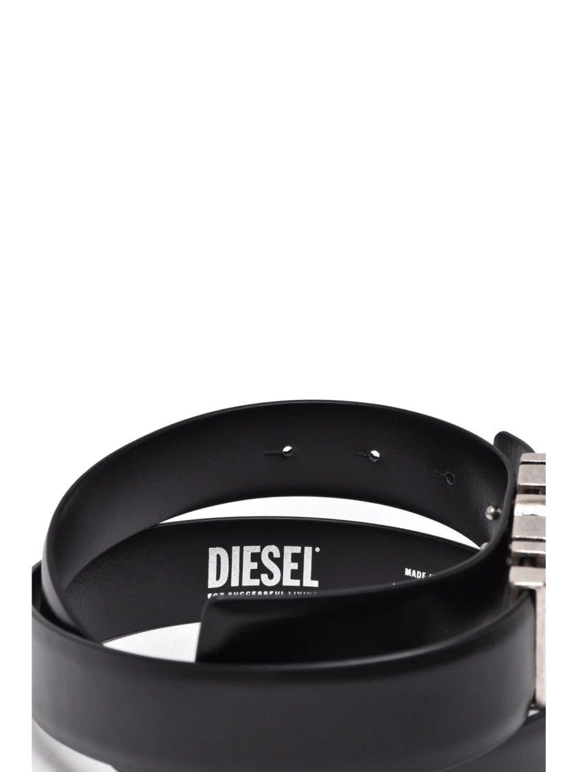 Diesel Bold Black Leather Belt With Striking Metallic Buckle