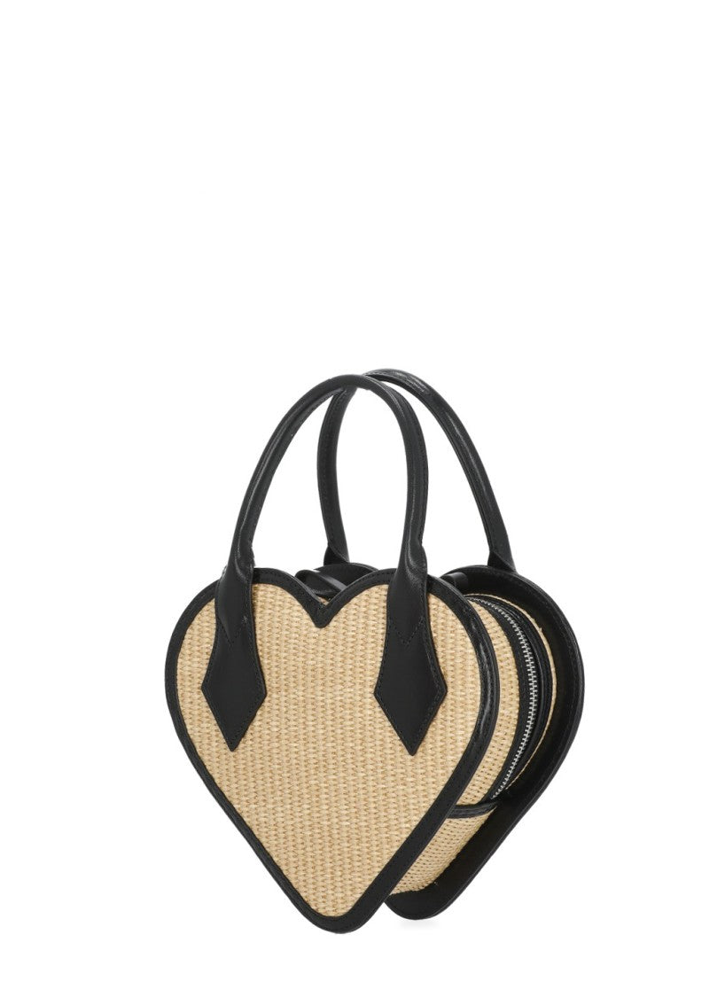 Vivienne Westwood Heart-Shaped Raffia Handbag With Leather Trim And Zip Fastening