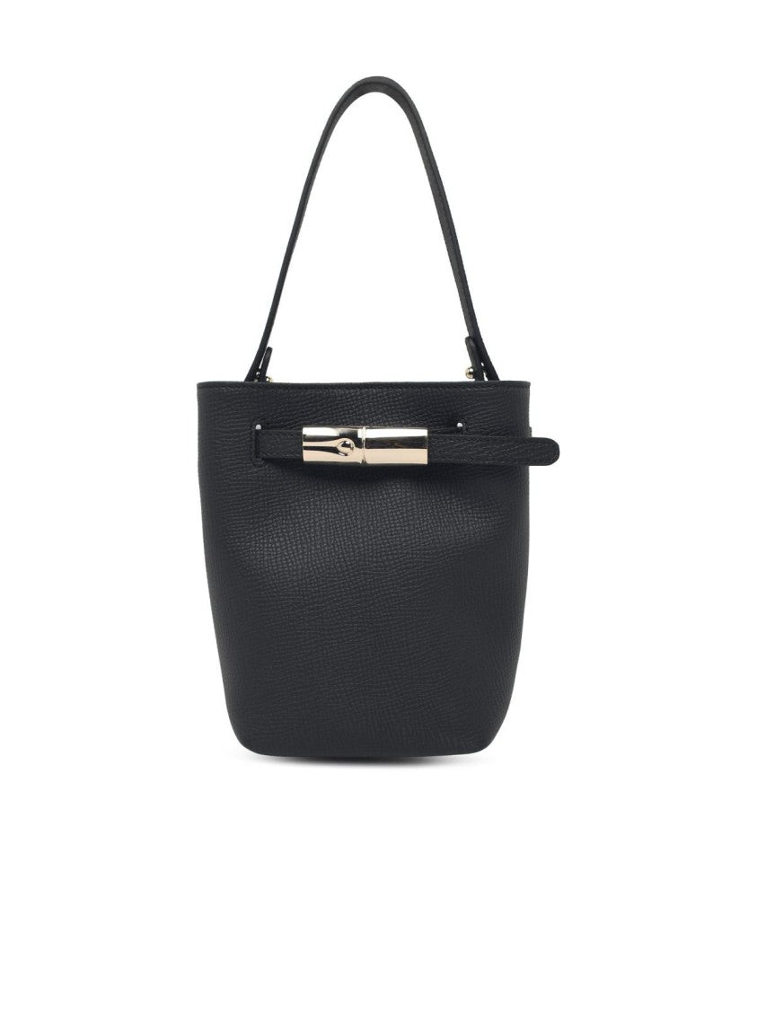 Longchamp Grainy Black Leather Bucket Bag With Removable Handle And Bamboo Buckle