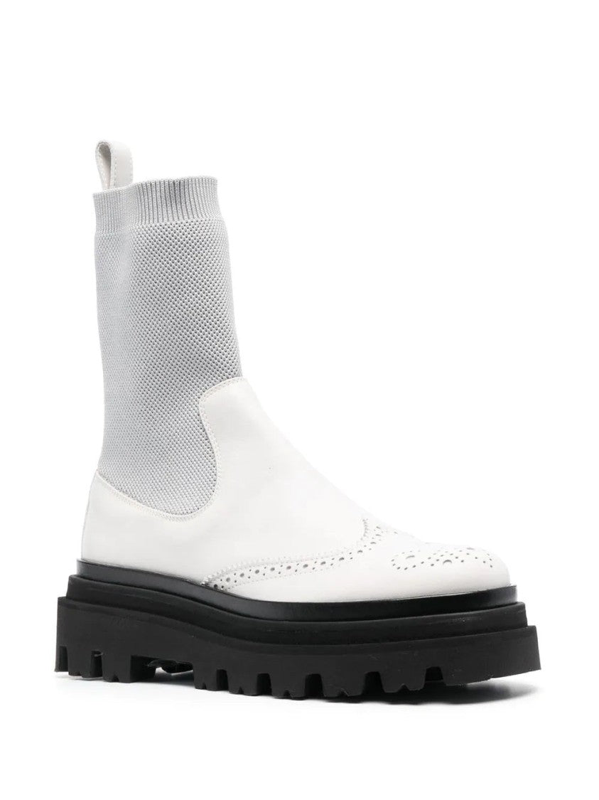 Eleventy Brogue Detail Grey Leather Ankle Boots With Chunky Sole