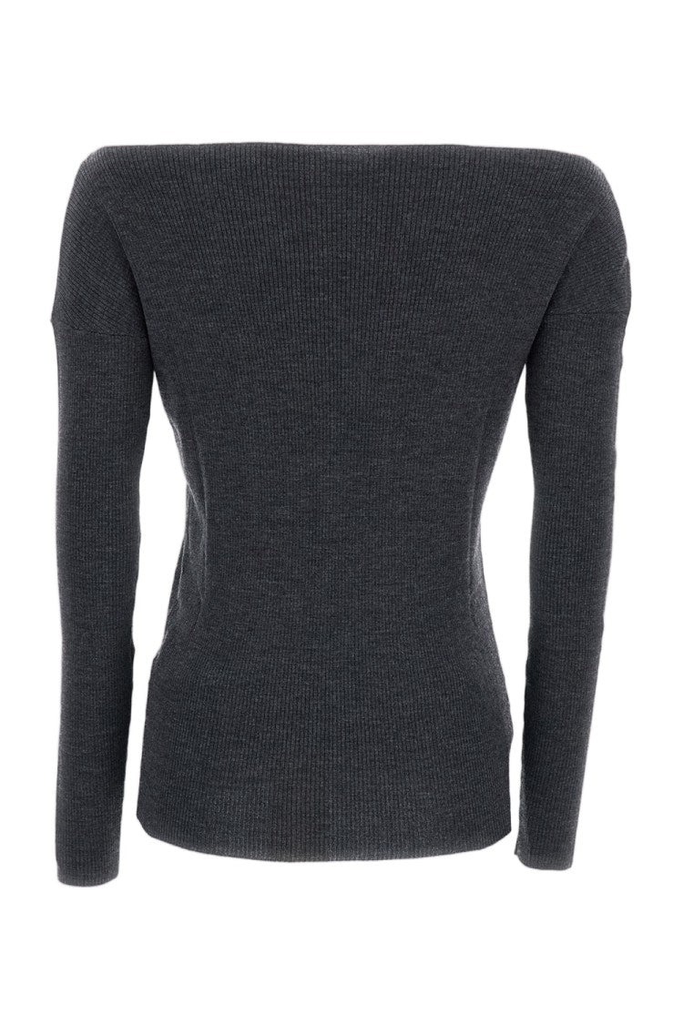 Parosh Grey Ribbed Wool Off-Shoulder Top