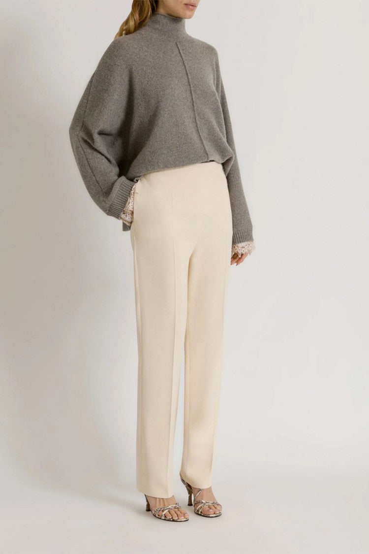 Alberta Ferretti Grey Lace-Trimmed Cuffs Cashmere-Blend Turtleneck Sweater
