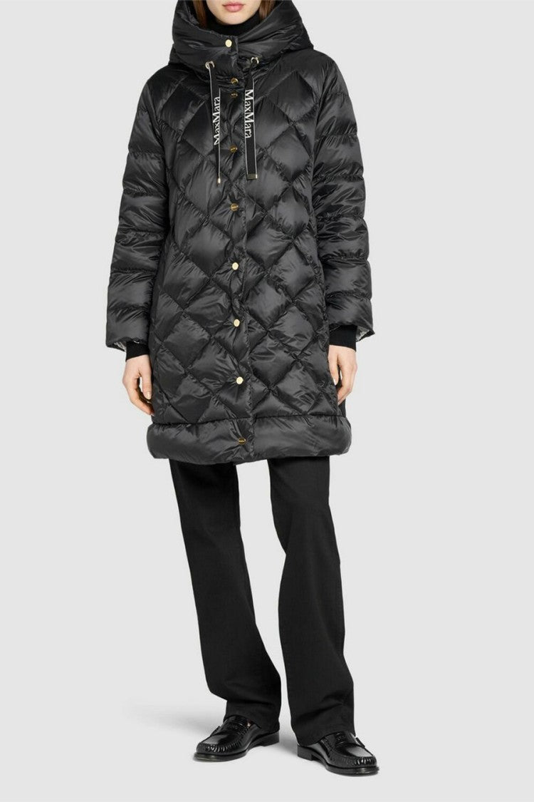 Max Mara Black Diamond-Quilted Hooded Longline Down Puffer Coat