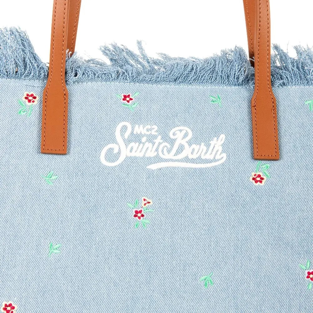 Mc2 Saint Barth Light Blue Denim Tote Bag With Floral Embroidery