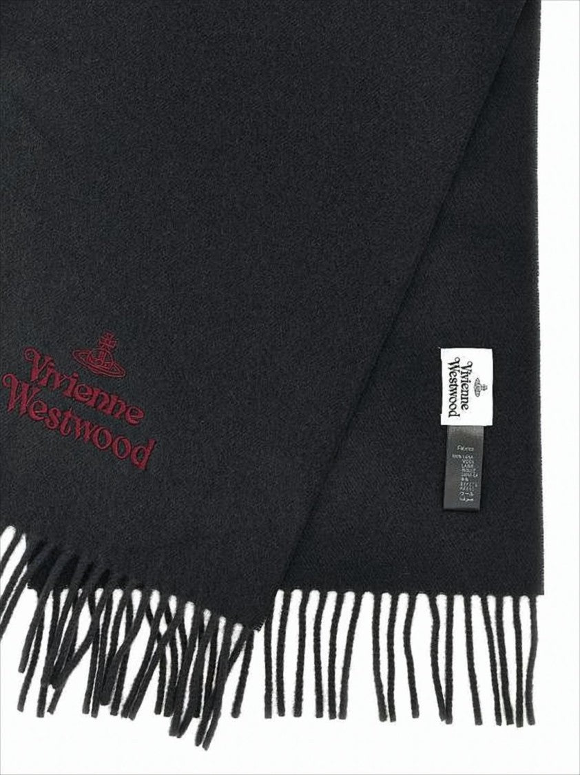 Vivienne Westwood Fringed Black Wool Scarf With Embroidered Logo