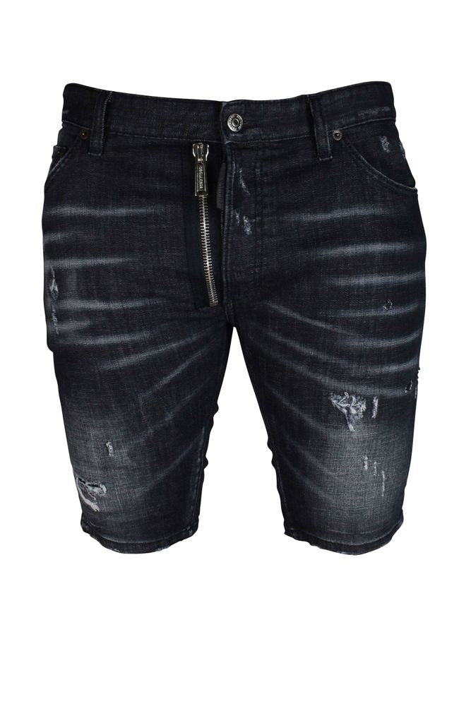 Dsquared2 Distressed Black Shorts With Leather Logo Patch