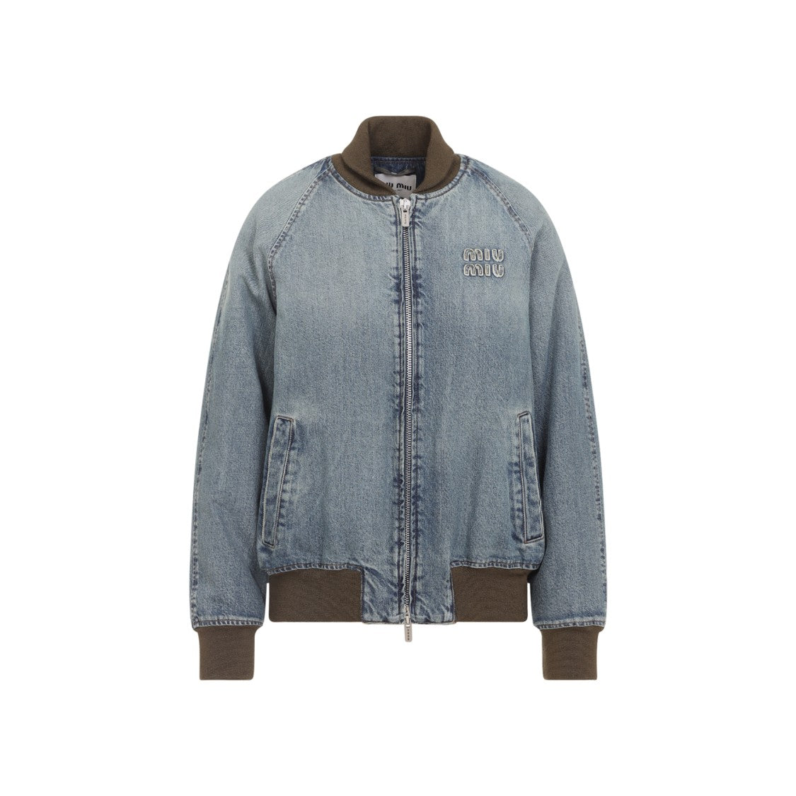 Miu Miu Faded Blue Denim Bomber Jacket With Knit Details